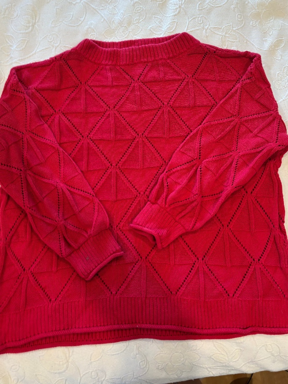 Penningtons Crimson Red 100% Cotton Geometric Eyelet Knit Sweater Size 2X